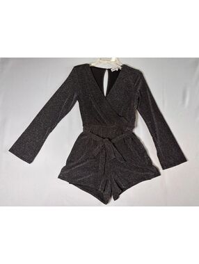 Almost Famous Black Sparkle Long Sleeve Romper with Belt - Size M